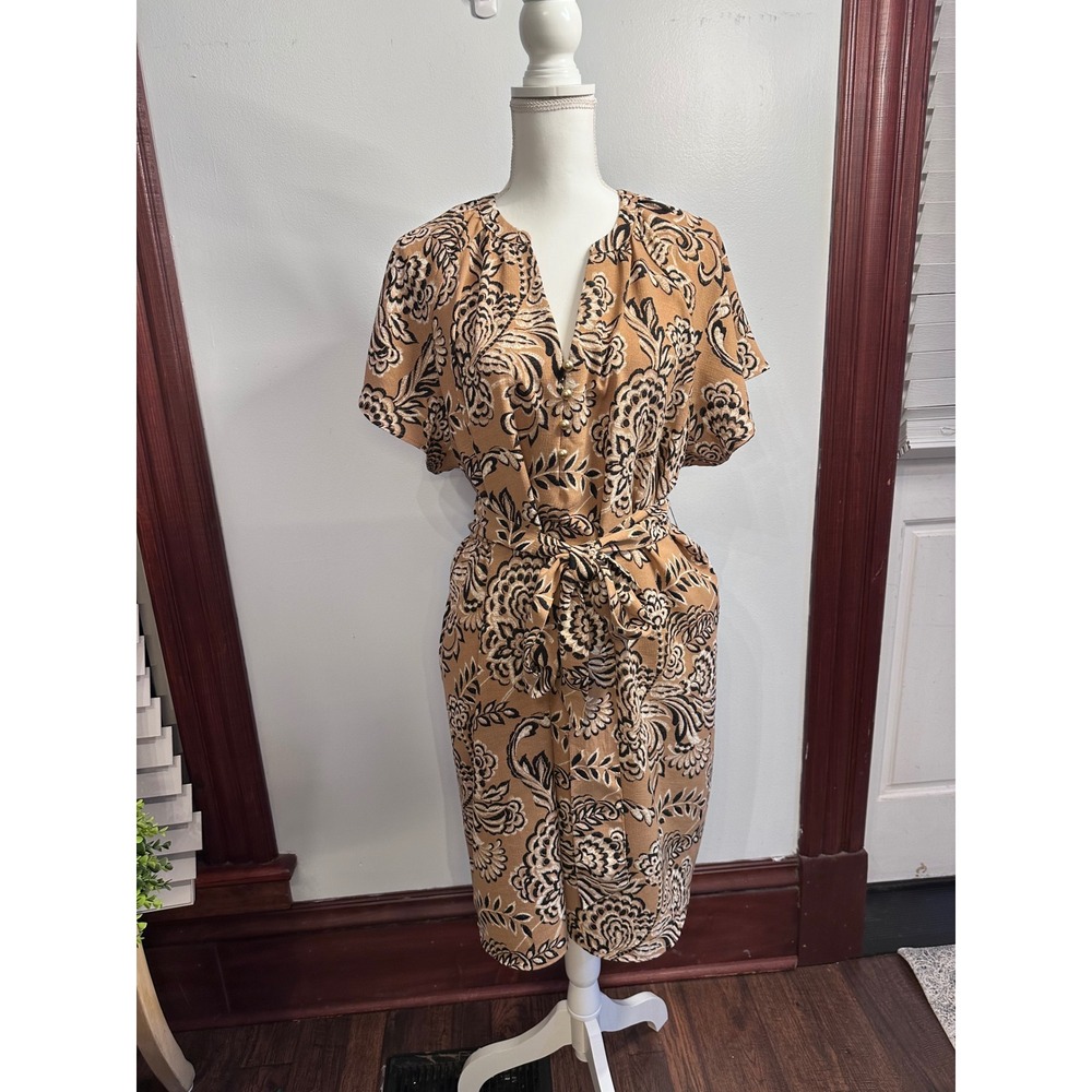 Fred David Womens 1X Tan Black Paisley Floral Midi Dress DW2334RW Short Sleeve